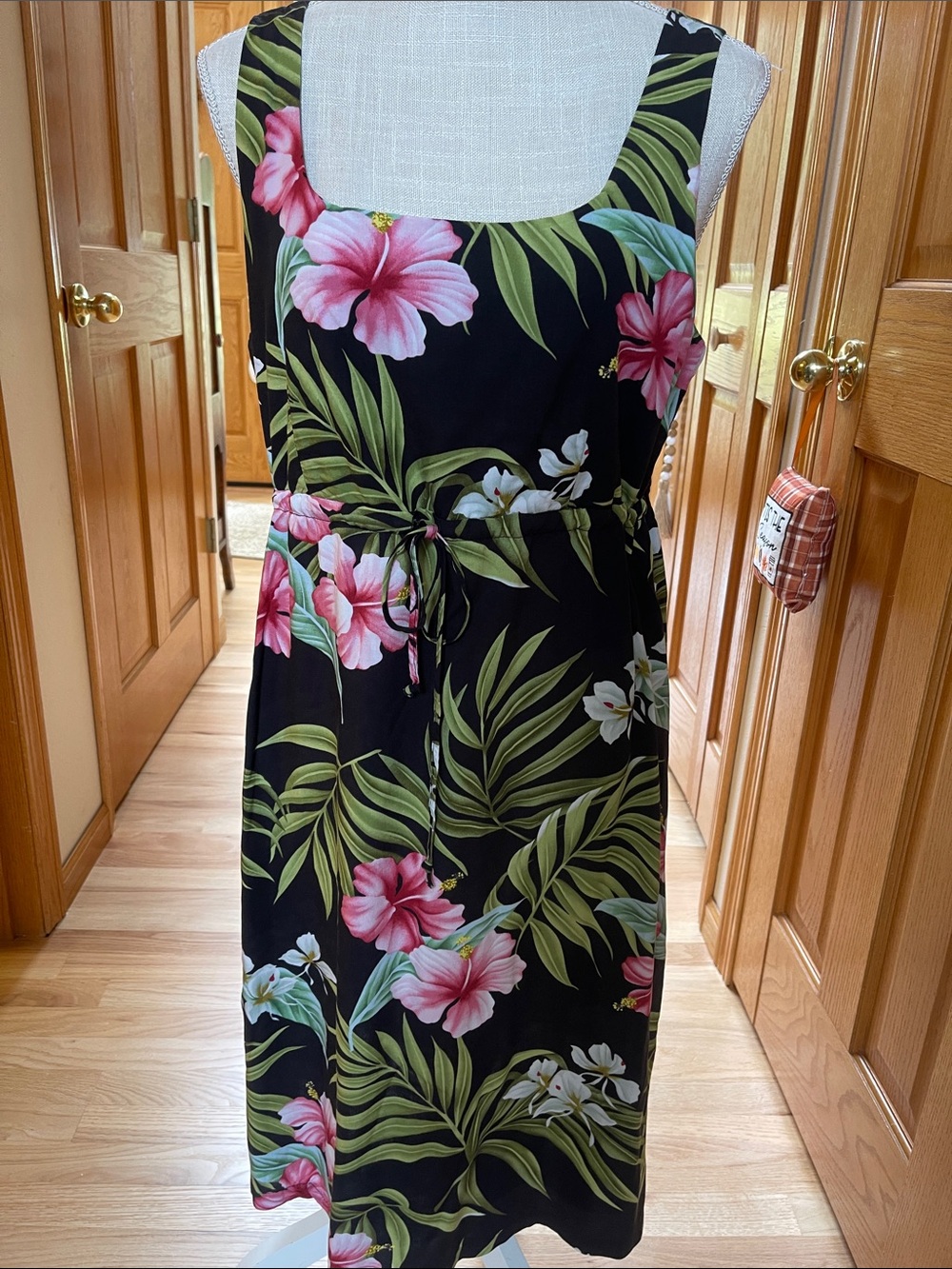 Black Floral Midi Dress with Pink Hibiscus and Tie Waist